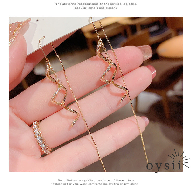 Spiral Lilt — Zircon Tassel Ear Thread Earrings