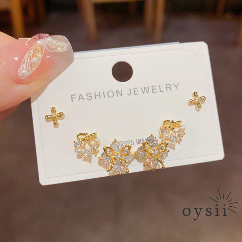 Petal Trio — Full Diamond Flower Stud Earrings Set