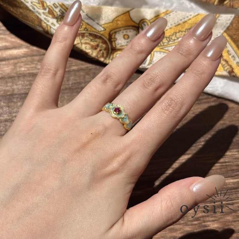 Ethereal Bloom – Blue Enamel Ruby Ring