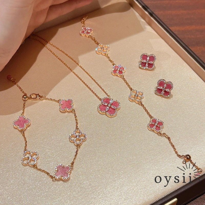 Rose Blush Vintage Clover Jewelry Set – Necklace, Bracelet & Earrings