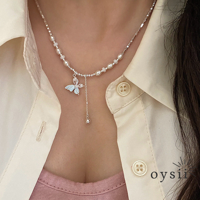 Butterfly Whisper – Pearl Tassel Pendant Necklace