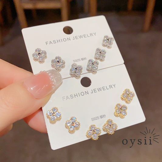 Clover Charm — Three-Piece Pavé Zircon Stud Earrings