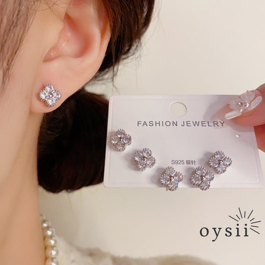 Clover Charm — Three-Piece Pavé Zircon Stud Earrings