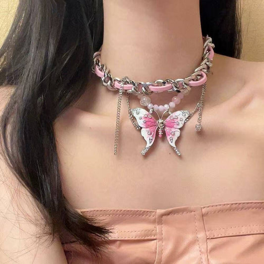 Pink Butterfly Leather Necklace