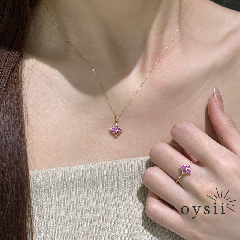 Violet Luck — Purple Gem Four-Leaf Clover Necklace & Adjustable Ring
