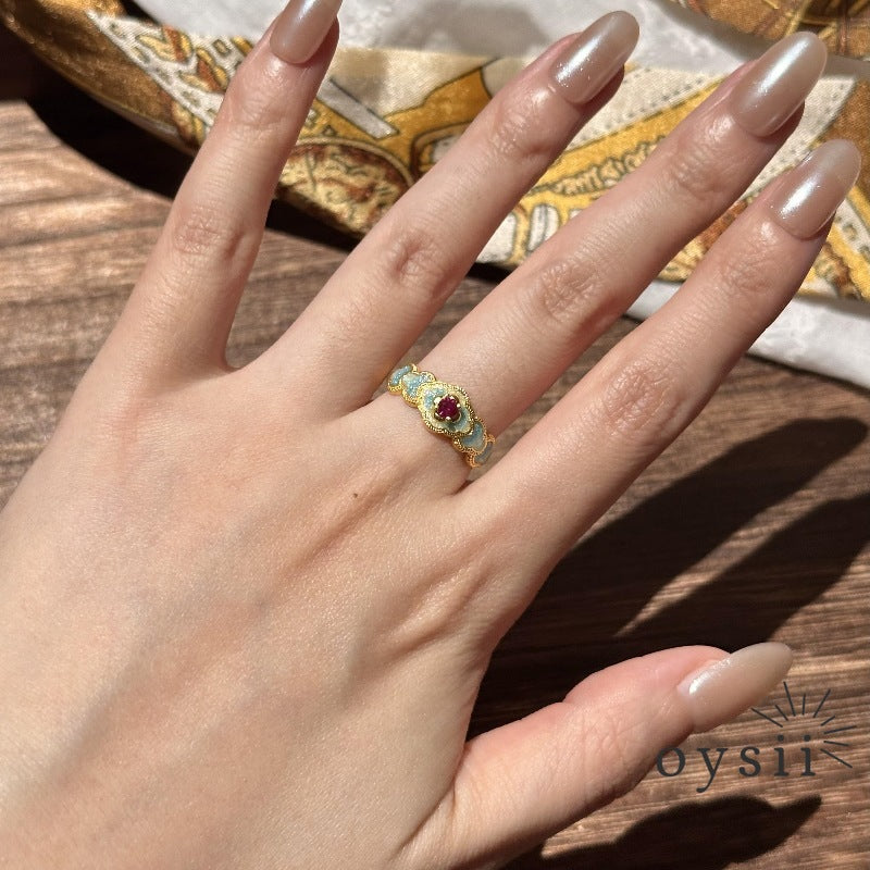 Ethereal Bloom – Blue Enamel Ruby Ring