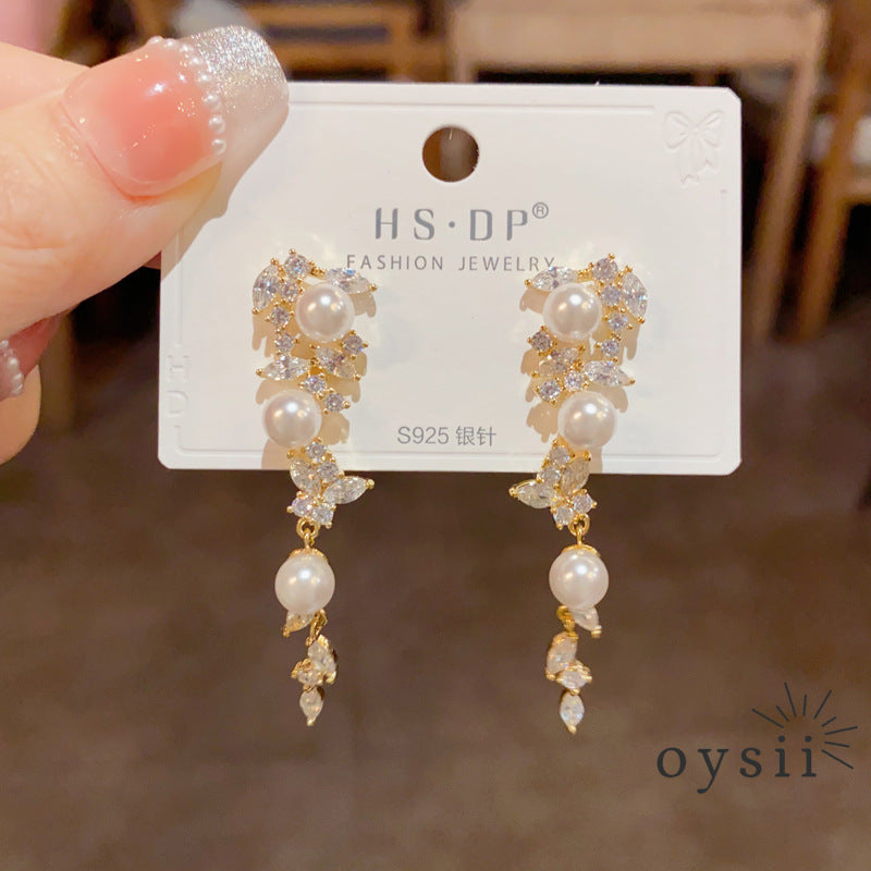 Whispering Leaves — Long Pearl & Micro Zircon Tassel Earrings