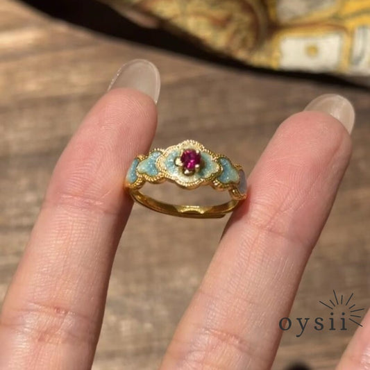 Ethereal Bloom – Blue Enamel Ruby Ring