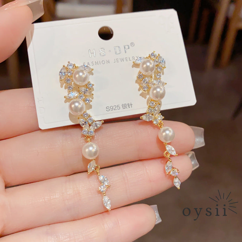 Whispering Leaves — Long Pearl & Micro Zircon Tassel Earrings