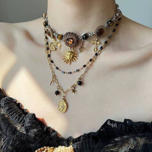 Black & Gold Sun Layered Necklace