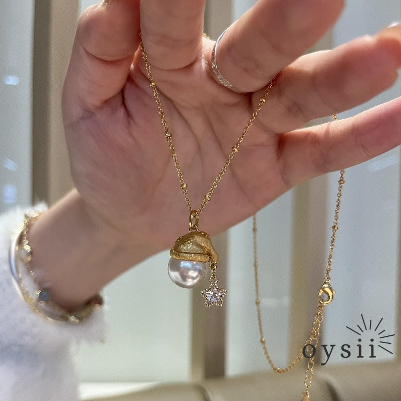 Starlit Noel — French Vintage Brushed Pearl Christmas Hat Necklace