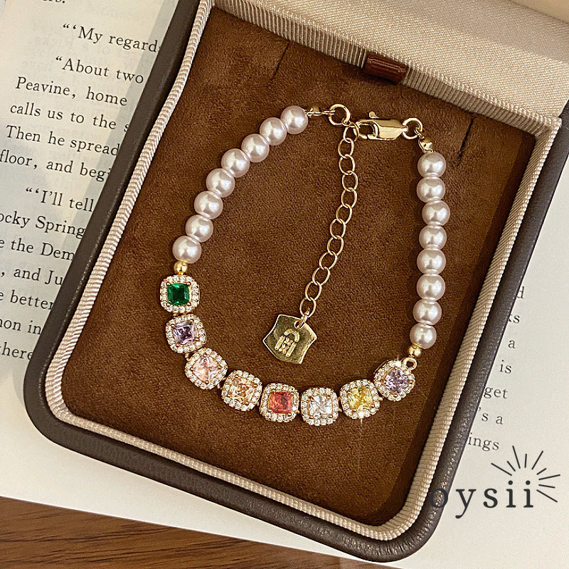 Candy Gleam – Colorful Square Zircon & Manta Pearl Bracelet