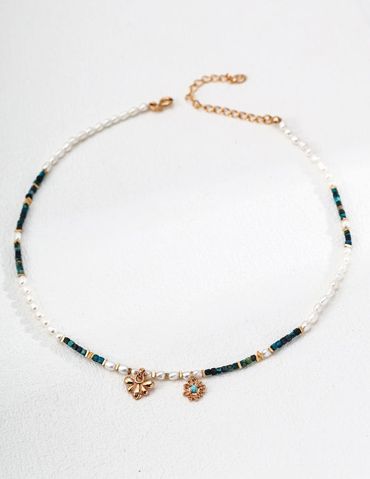 Handmade S925 sterling silver necklace with pearls, malachite and turquoise, natural gemstone jewelry for women