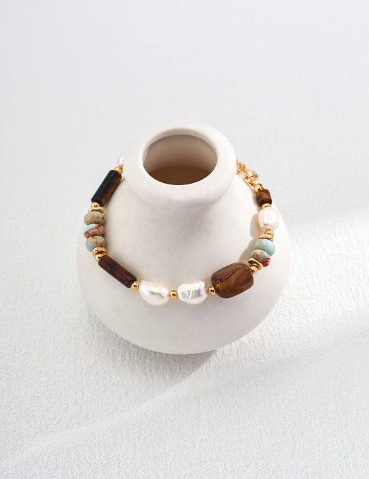 Handmade natural tiger eye pearl bracelet, sterling silver gemstone jewelry for women