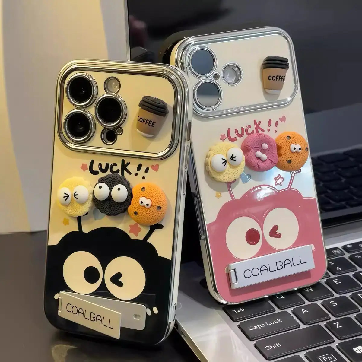 3D Plush Coalball & Coffee Mirror Stand iPhone Case