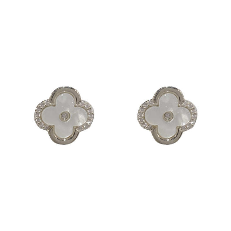 Spring Clover — Zircon & Mother-of-Pearl Flower Stud Earrings