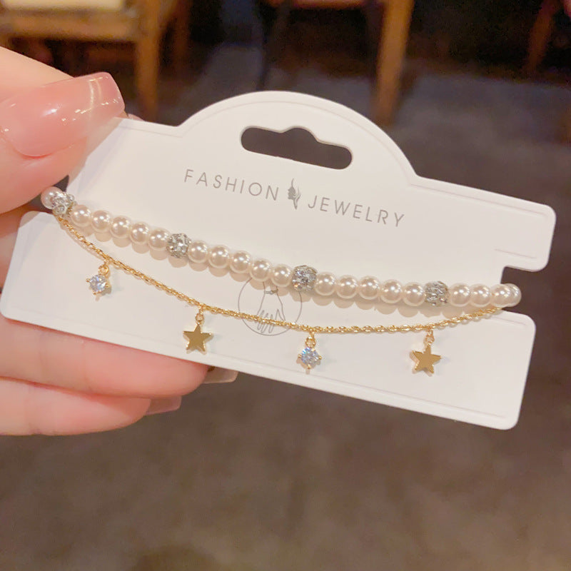 Starlit Grace — Double-Layer Pearl & Star Chain Bracelet