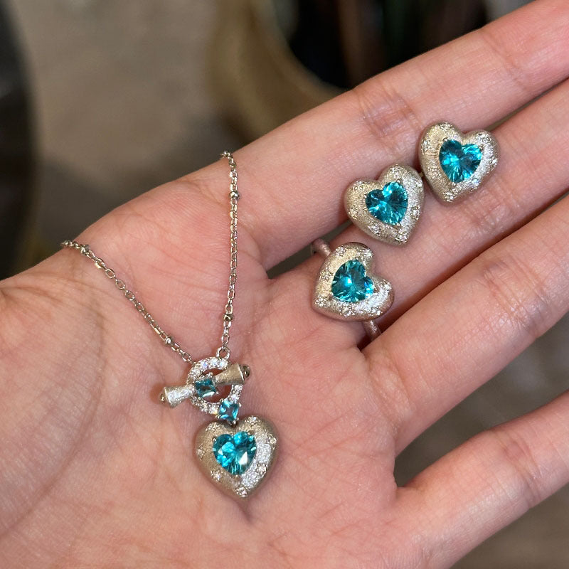 Paraiba Heart — Light-Luxury Vintage Heart Ring, Necklace & Earrings Set