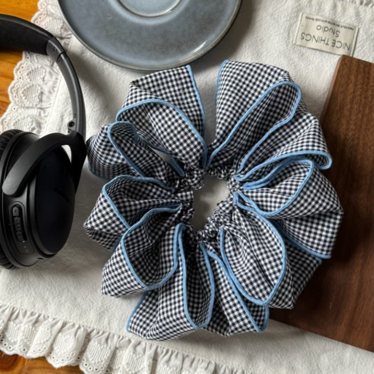 Korean Blue-Trim Plaid Scrunchie