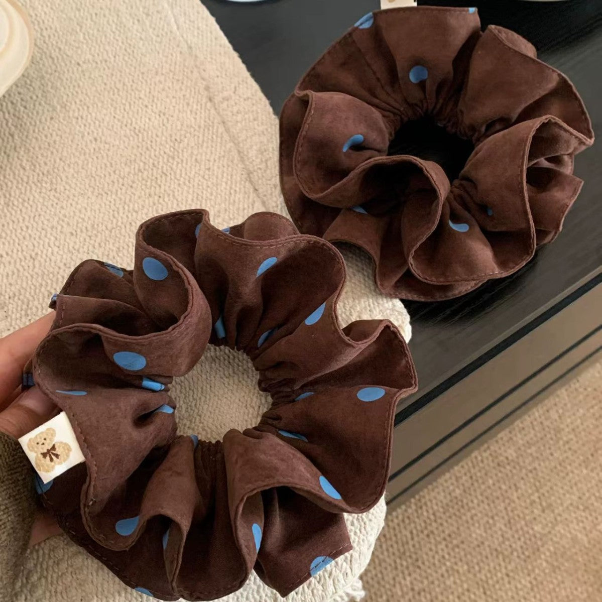 Korean Brown Polka Dot Hair Scrunchie