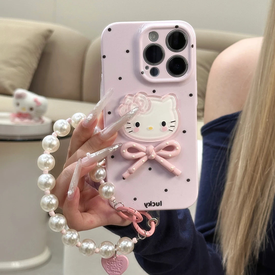 3D Hello Kitty Polka Dot Bow Mirror Stand iPhone Case
