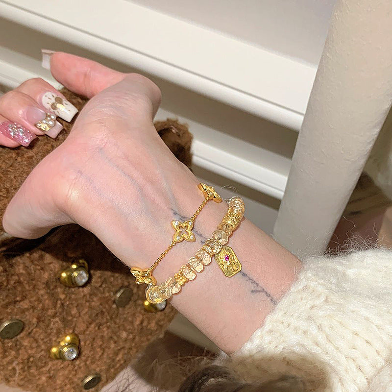 Lucky Aurora — Vintage Brushed Star & Four-Leaf Clover Bracelet