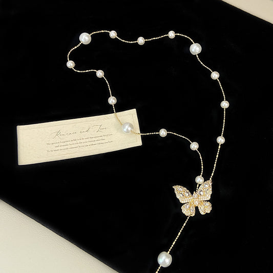 Butterfly Elegance – Zircon & Pearl Adjustable Necklace