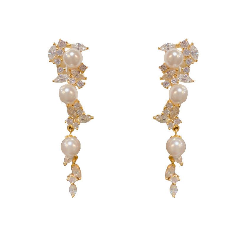 Whispering Leaves — Long Pearl & Micro Zircon Tassel Earrings