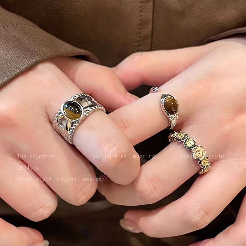 Tiger Eye Flower Open Ring