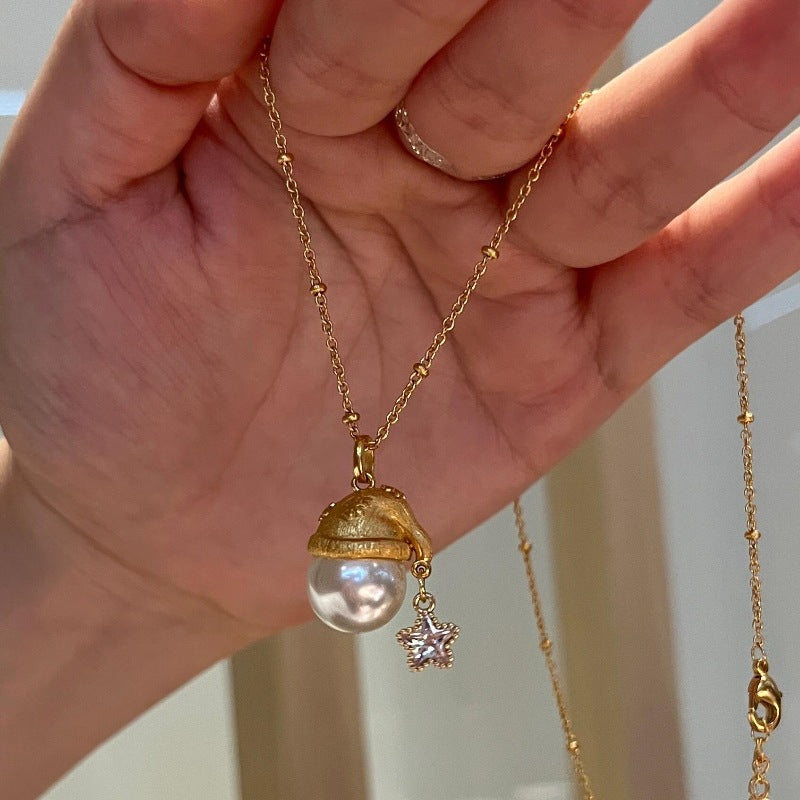 Starlit Noel — French Vintage Brushed Pearl Christmas Hat Necklace