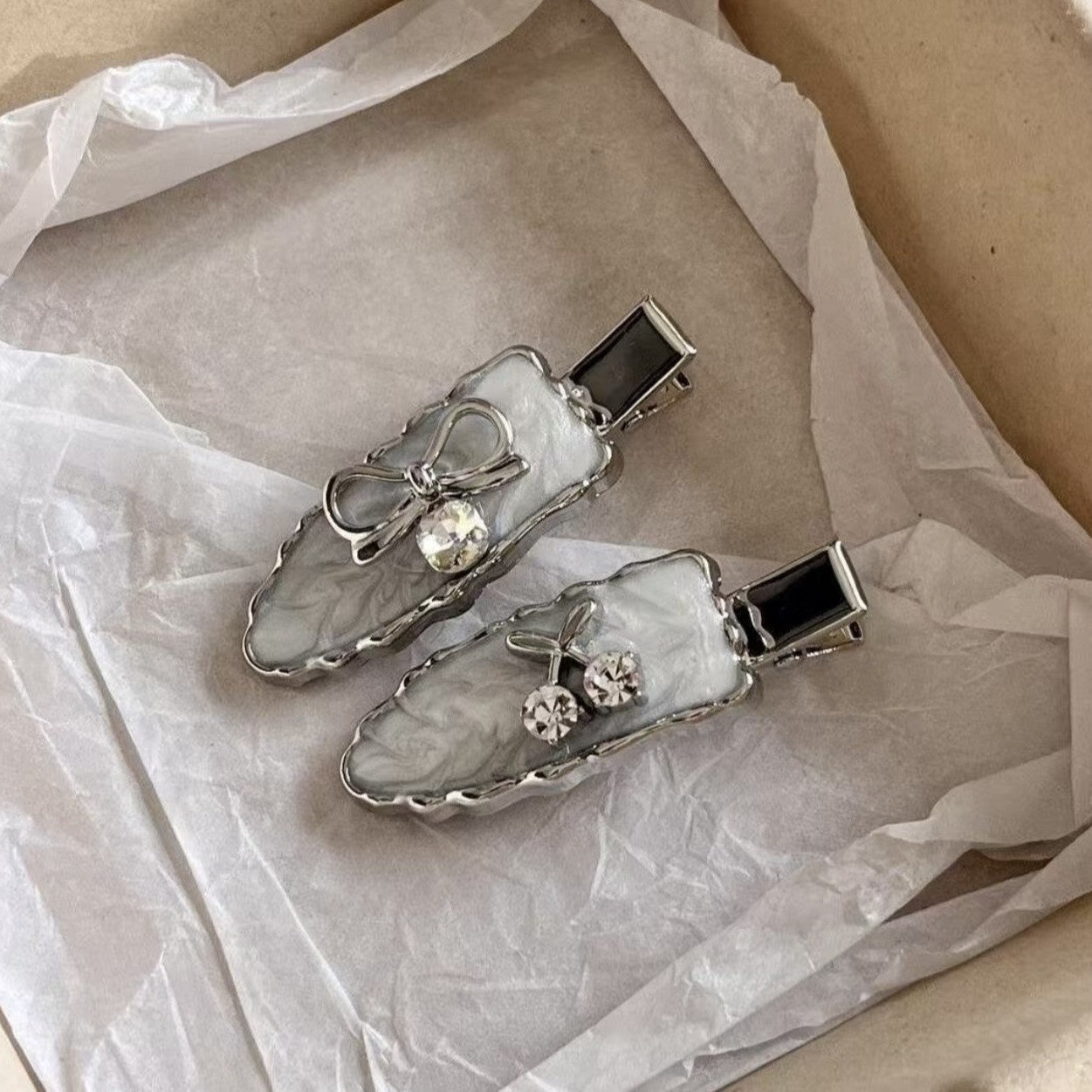 Silver Rhinestone Bow Hair Clips