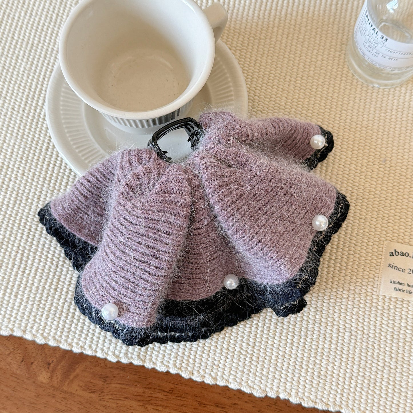 Grey Knit Pearl Scrunchie