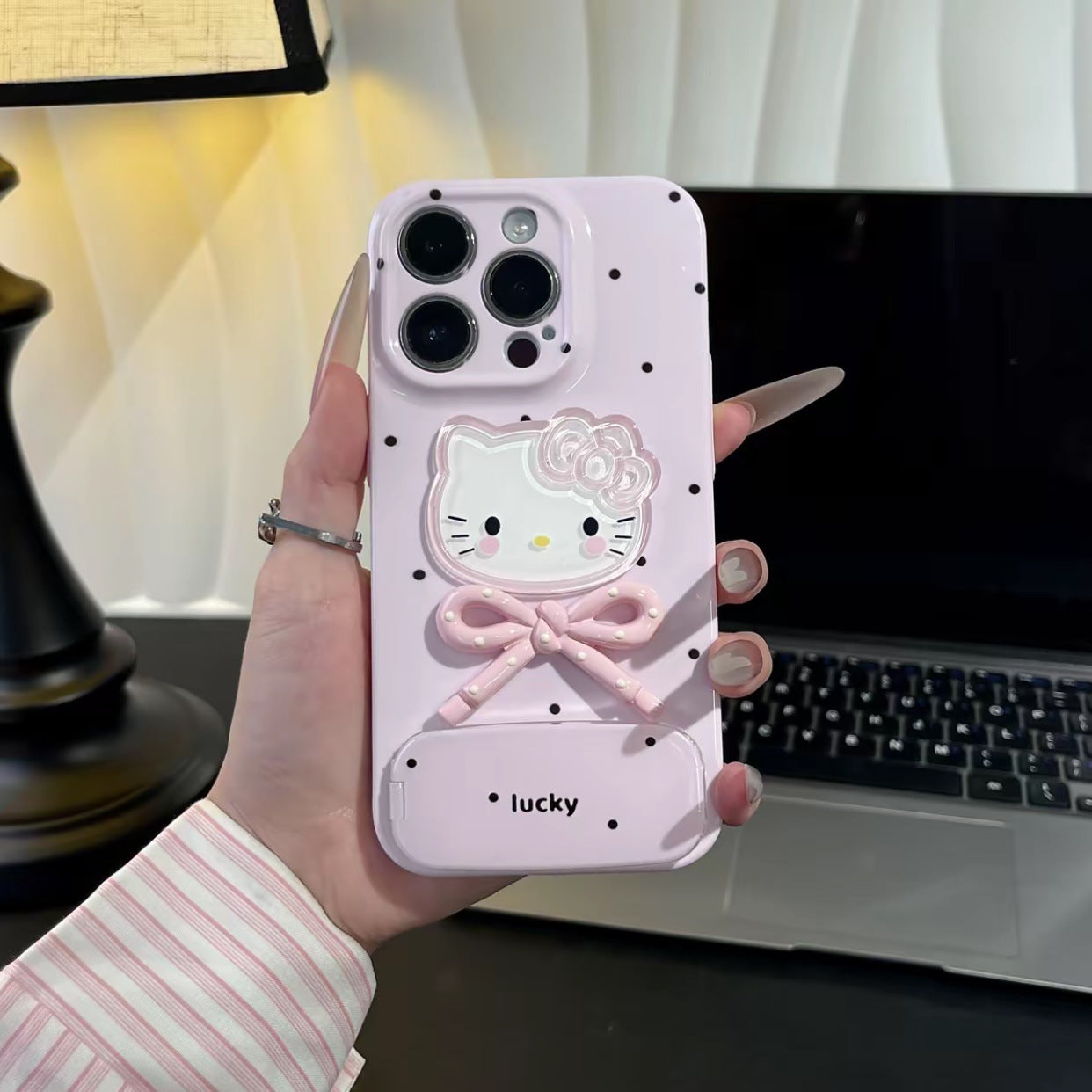3D Hello Kitty Polka Dot Bow Mirror Stand iPhone Case