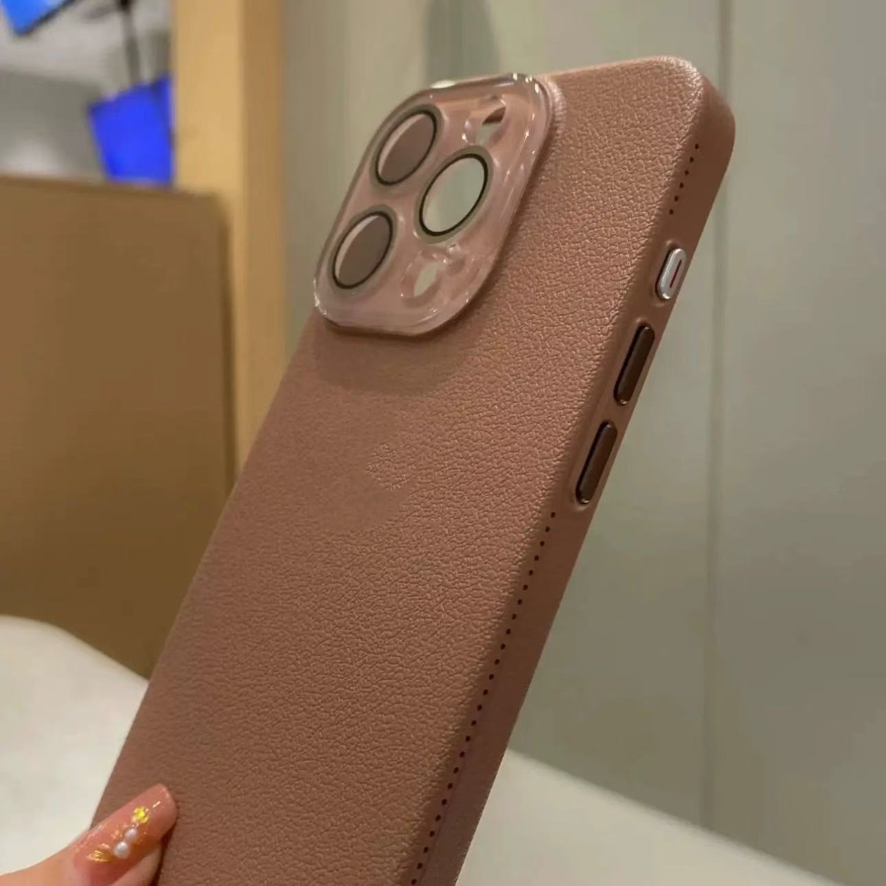 Blush Pink Litchi Texture iPhone Case with Lens Protection