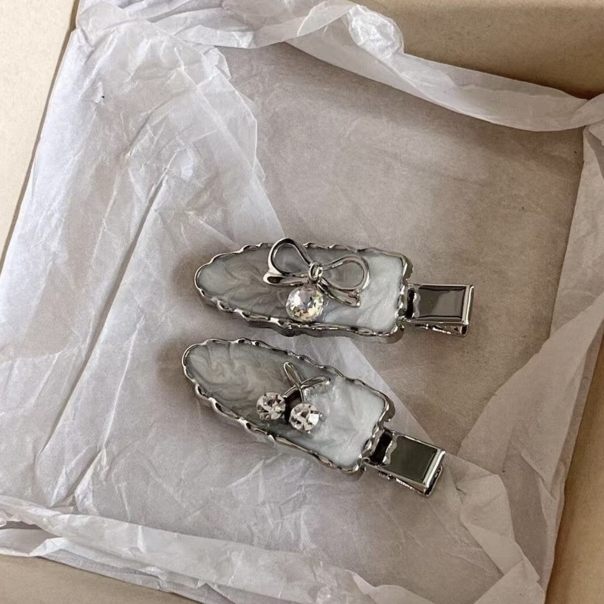 Silver Rhinestone Bow Hair Clips