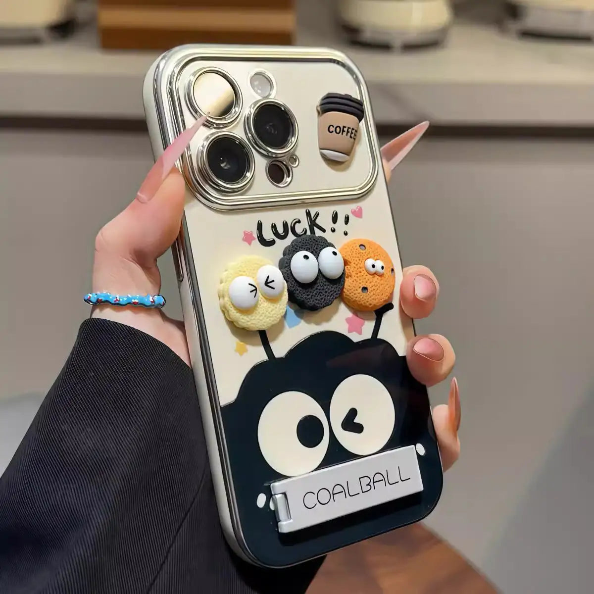 3D Plush Coalball & Coffee Mirror Stand iPhone Case