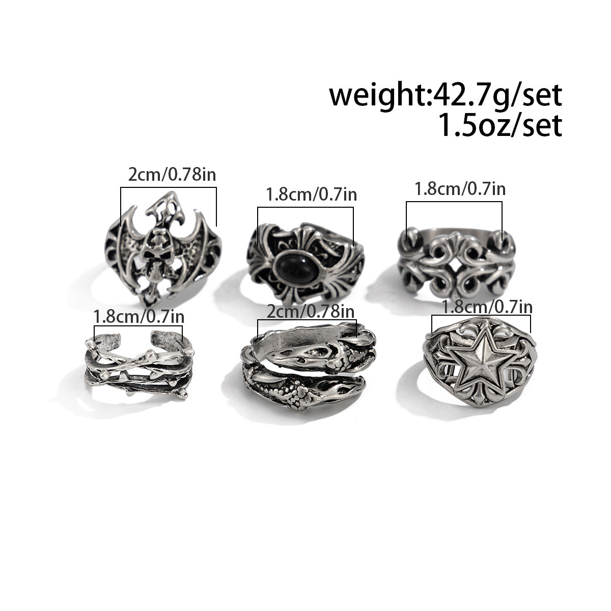 Gothic Skull Star Ring Set