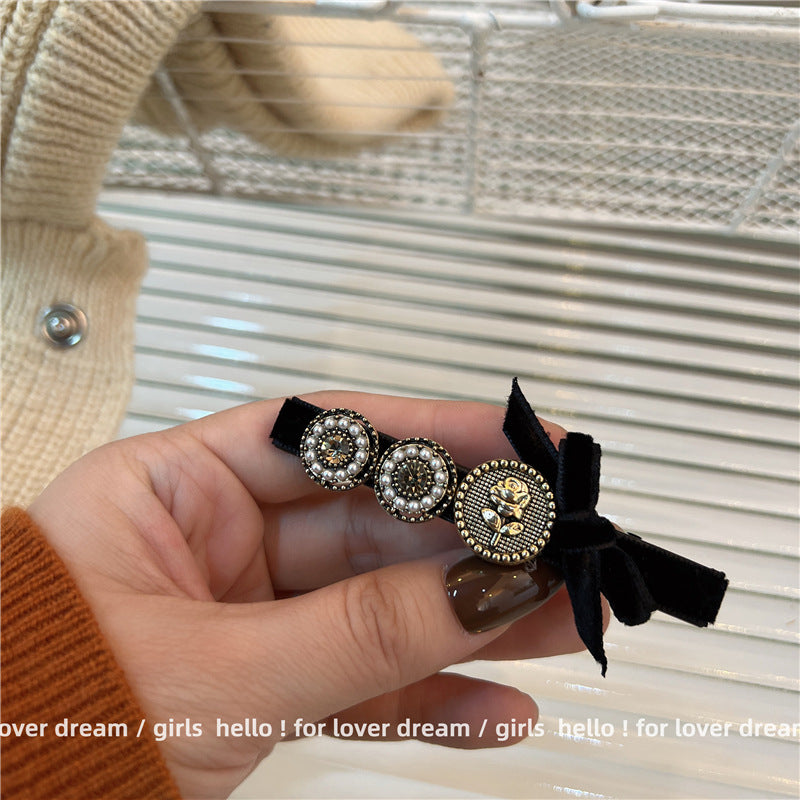 Black Camellia Pearl Bow Hair Clip