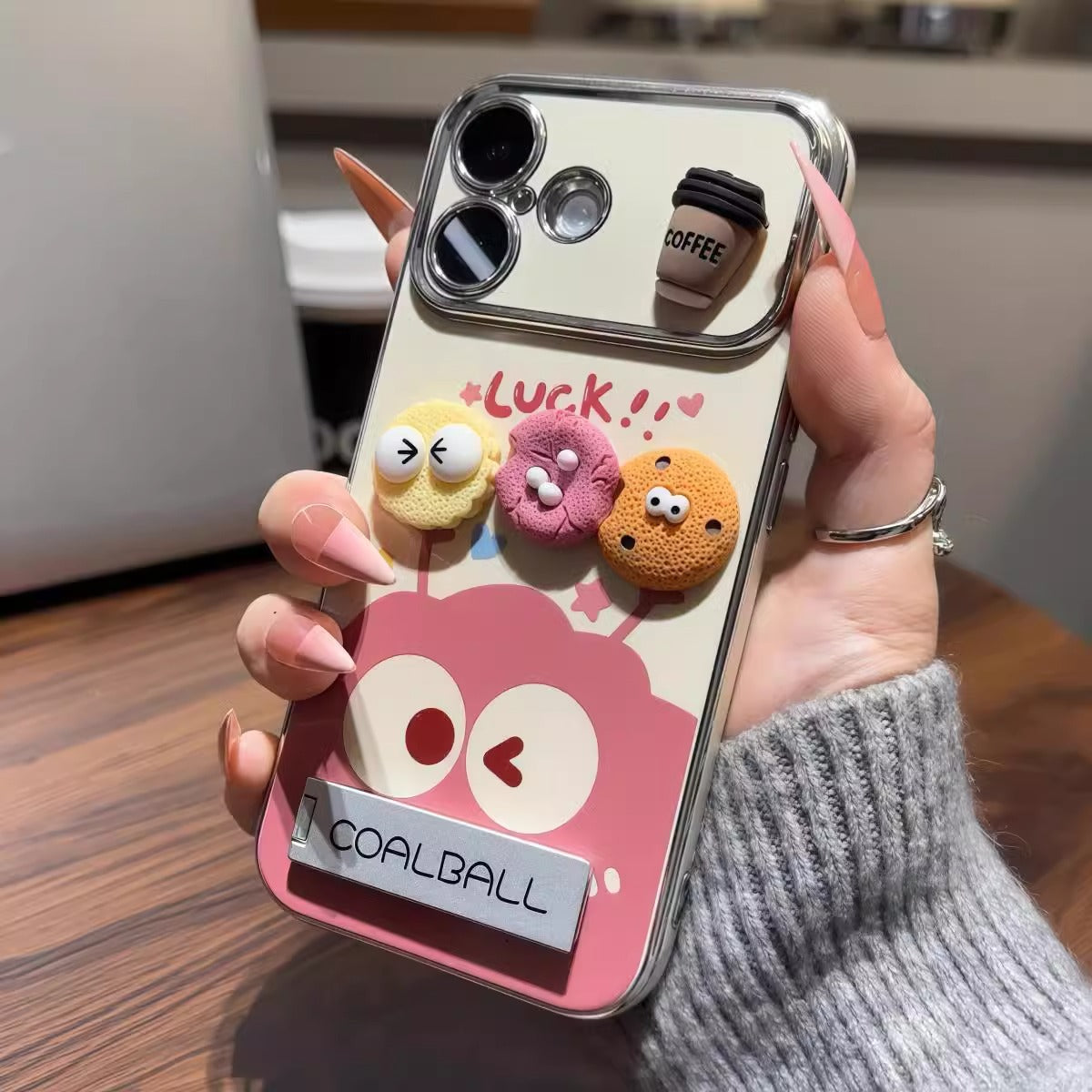 3D Plush Coalball & Coffee Mirror Stand iPhone Case