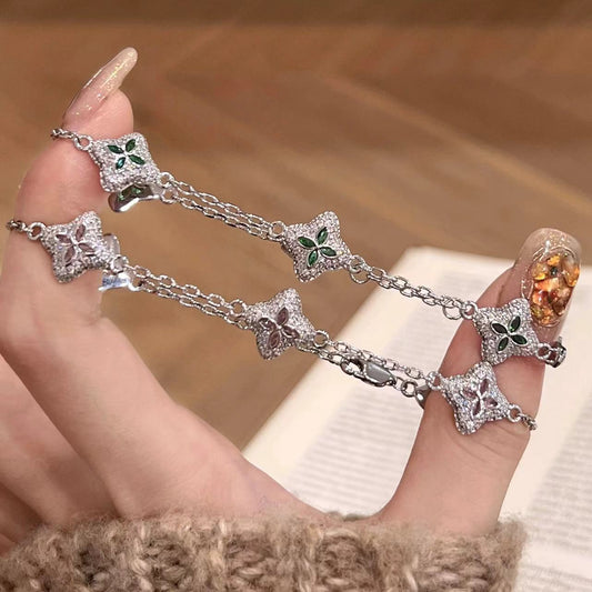 Green Gem & Pink Diamond Clover Bracelet