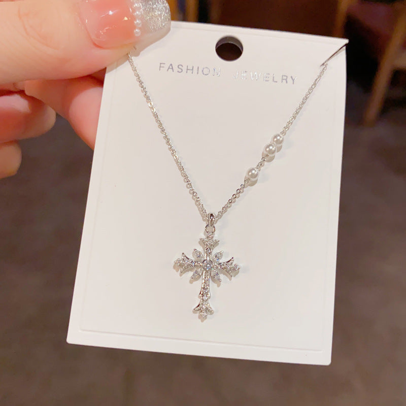 Moonlit Prayer — Micro Zircon & Pearl Cross Necklace