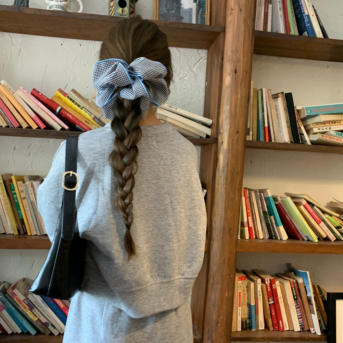 Korean Blue-Trim Plaid Scrunchie