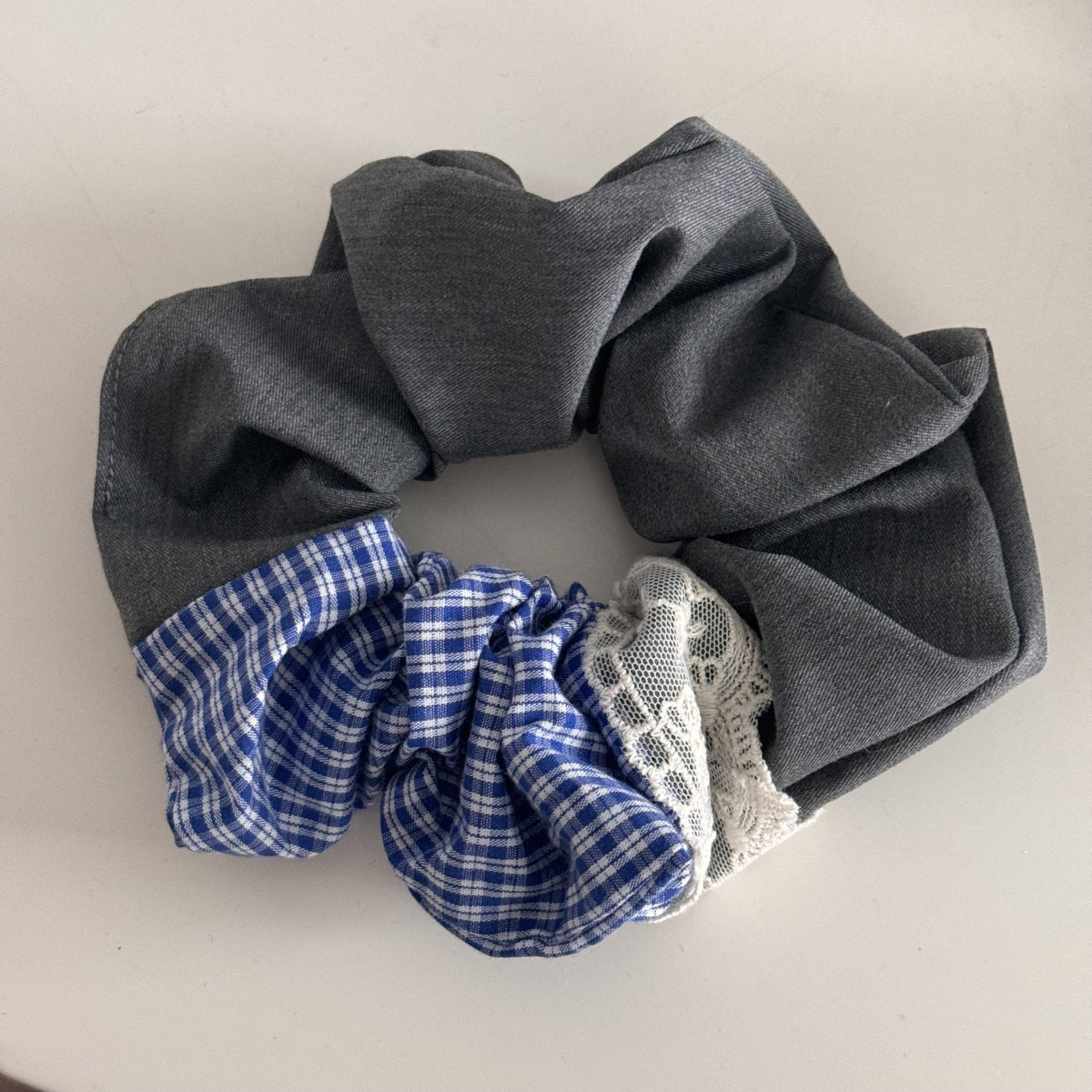 Blue-Gray Lace Plaid Hair Clip & Scrunchie