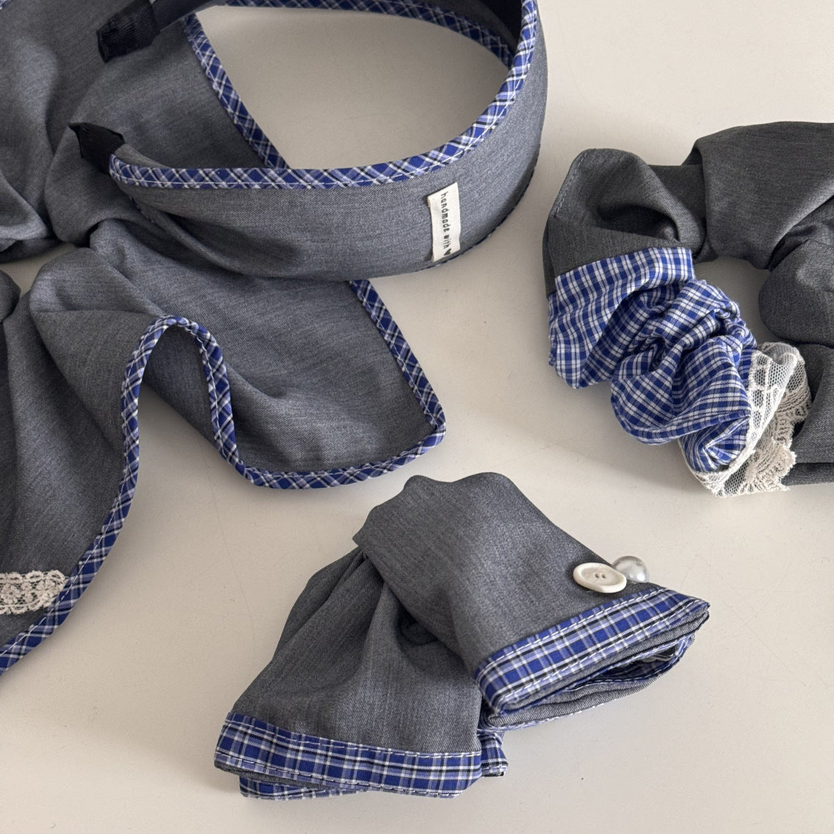 Blue-Gray Lace Plaid Hair Clip & Scrunchie