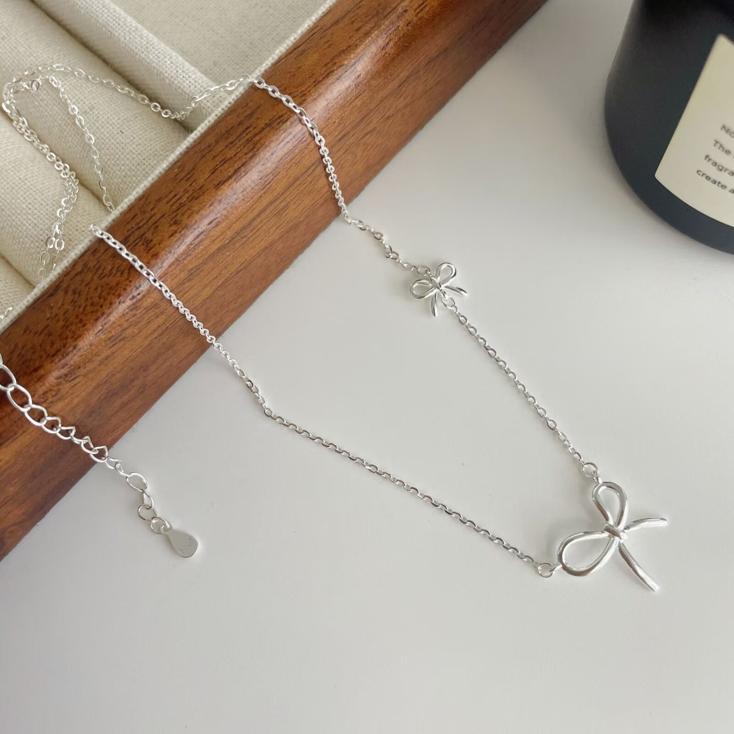 Twilight Grace – S925 Silver Twin Bow Necklace