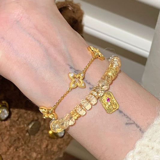 Lucky Aurora — Vintage Brushed Star & Four-Leaf Clover Bracelet