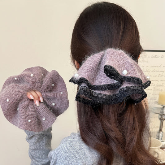 Grey Knit Pearl Scrunchie
