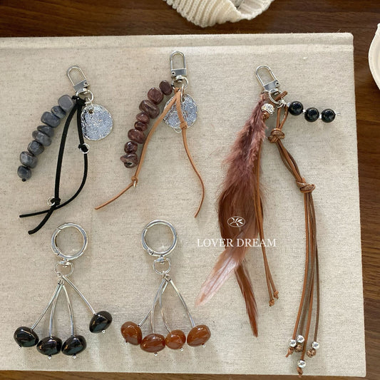 Stone Bead Feather Keychain