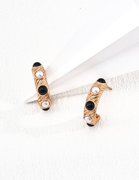Pearl and black onyx earrings, elegant natural gemstone jewelry for women