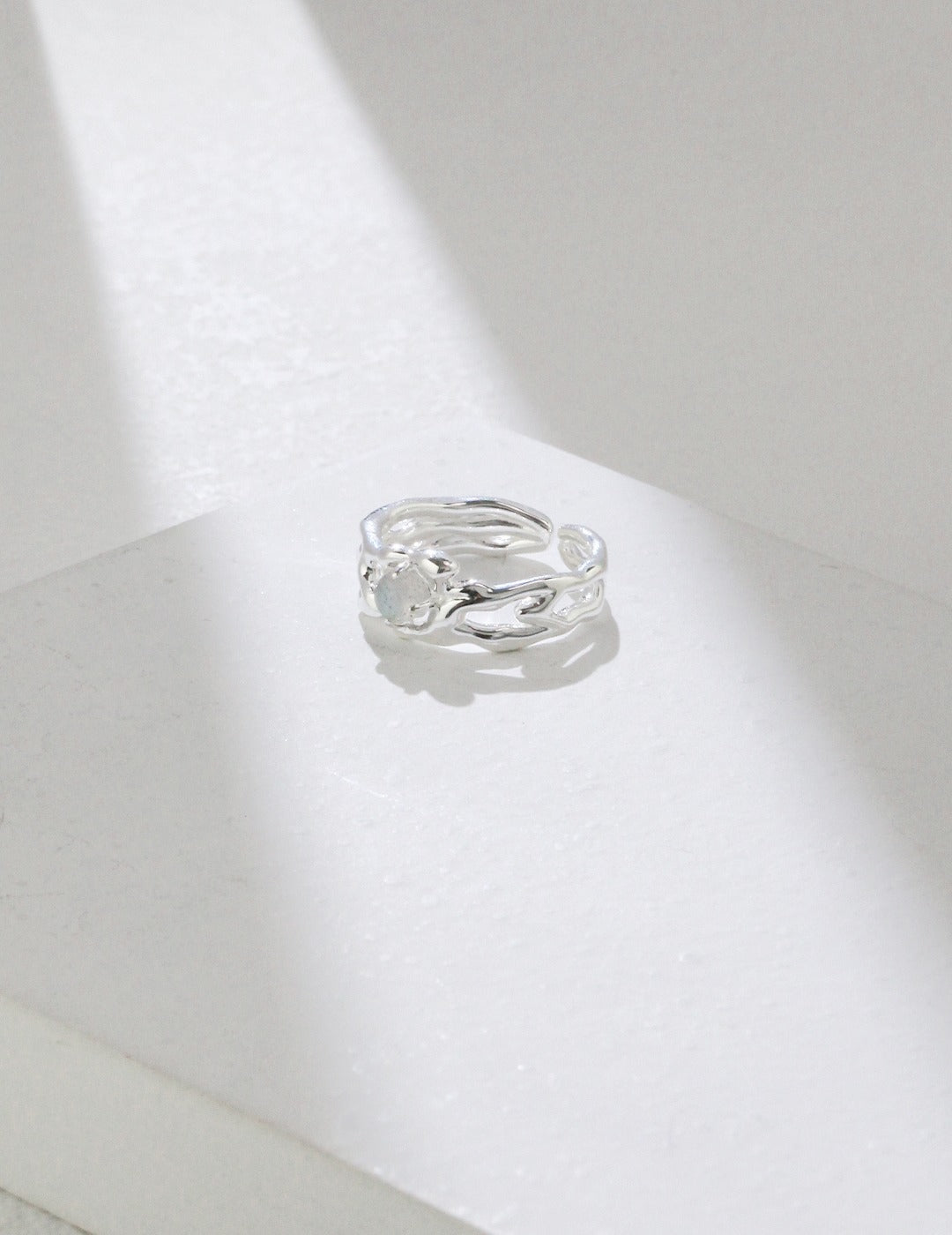 Trendy sterling silver gray moonstone ring, bohemian chic gemstone jewelry, dainty everyday wear for women